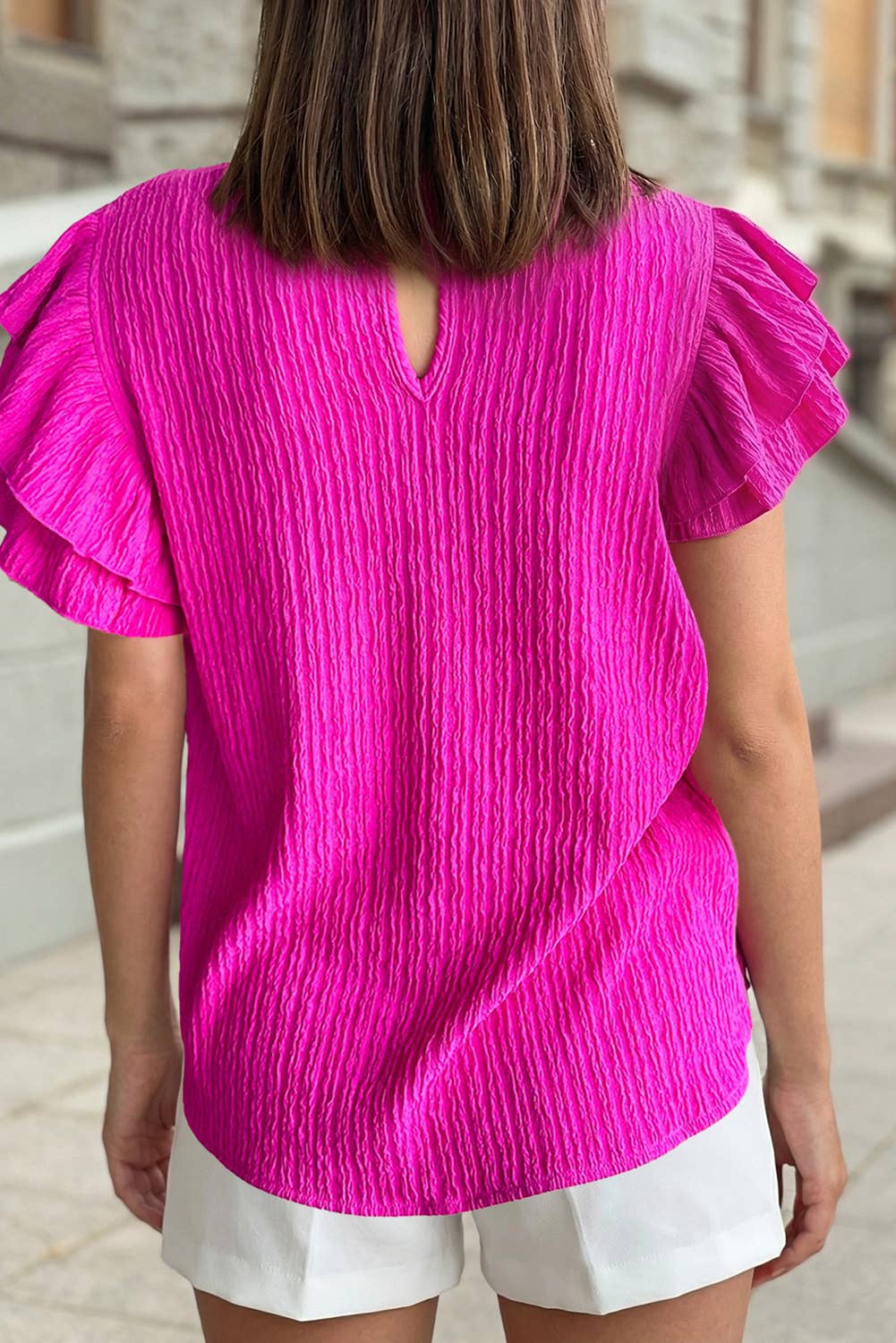 Textured Ruffle Trim Short Sleeve Blouse