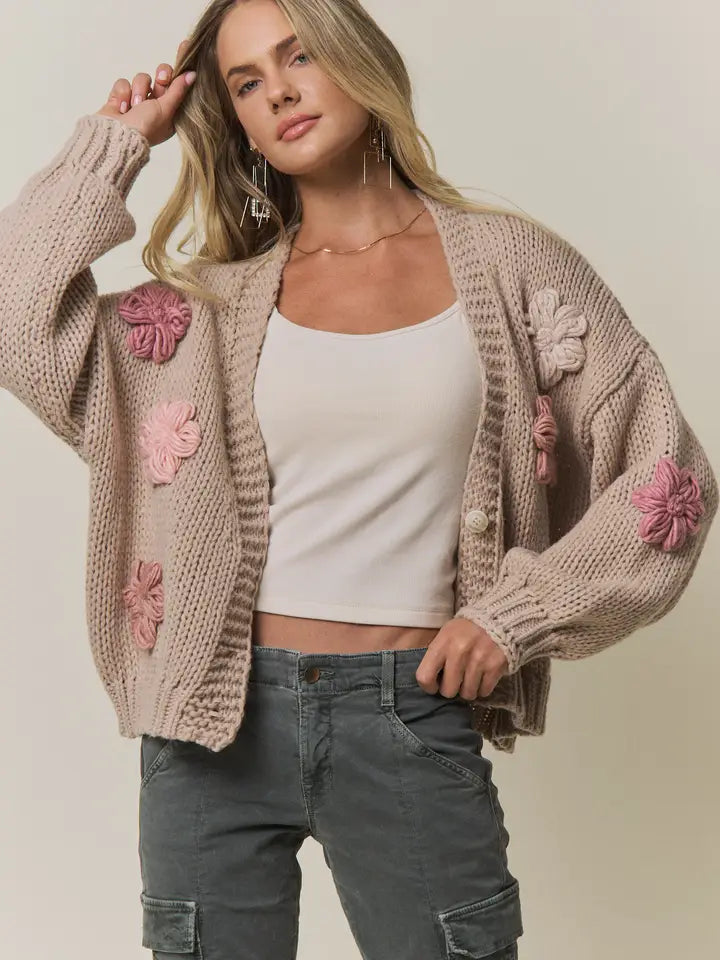 Chunky Floral Chic Knit Cardigan