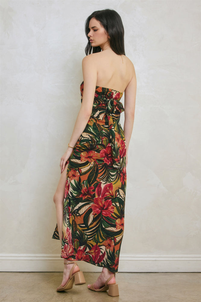 Tropical Strapless Tie Back Maxi Dress