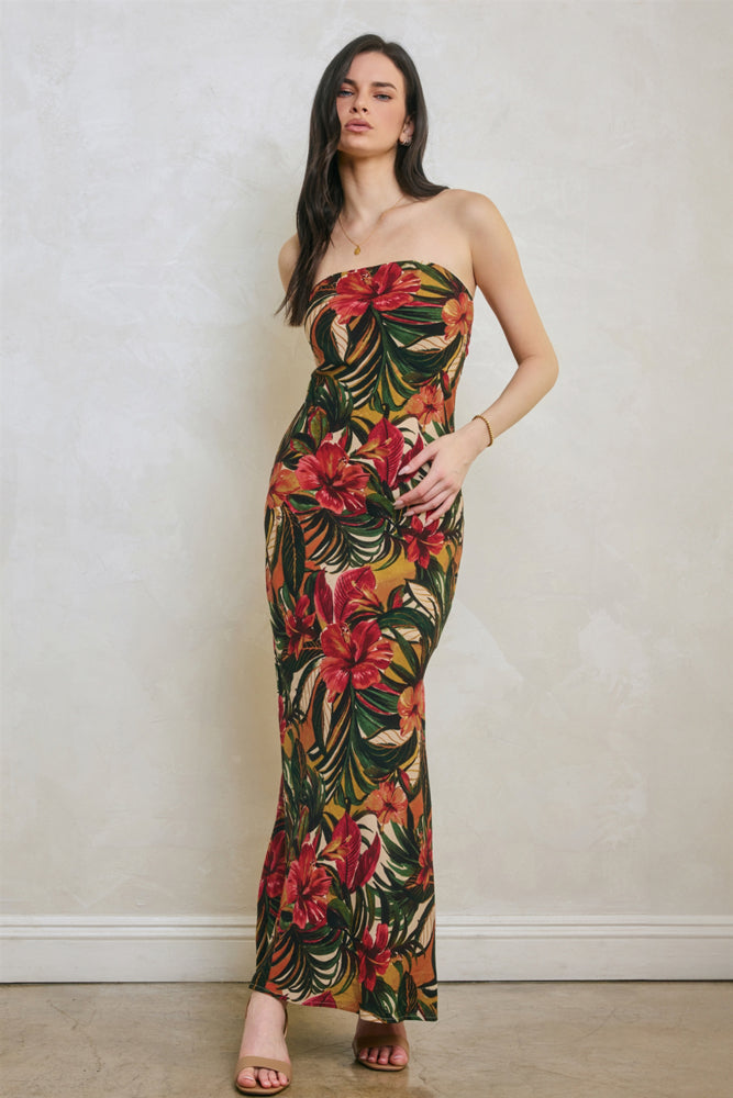 Tropical Strapless Tie Back Maxi Dress