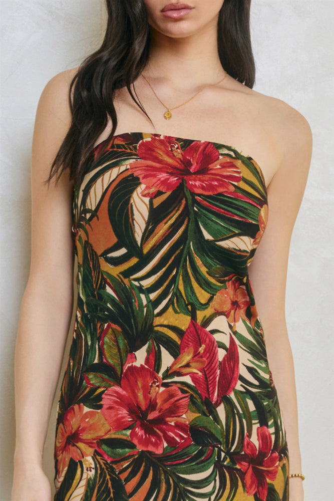 Tropical Strapless Tie Back Maxi Dress