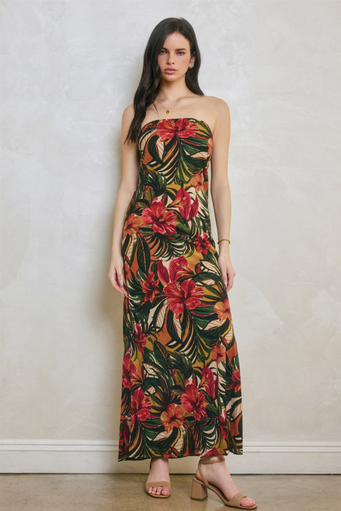 Tropical Strapless Tie Back Maxi Dress