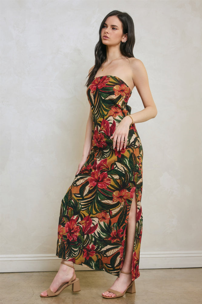 Tropical Strapless Tie Back Maxi Dress