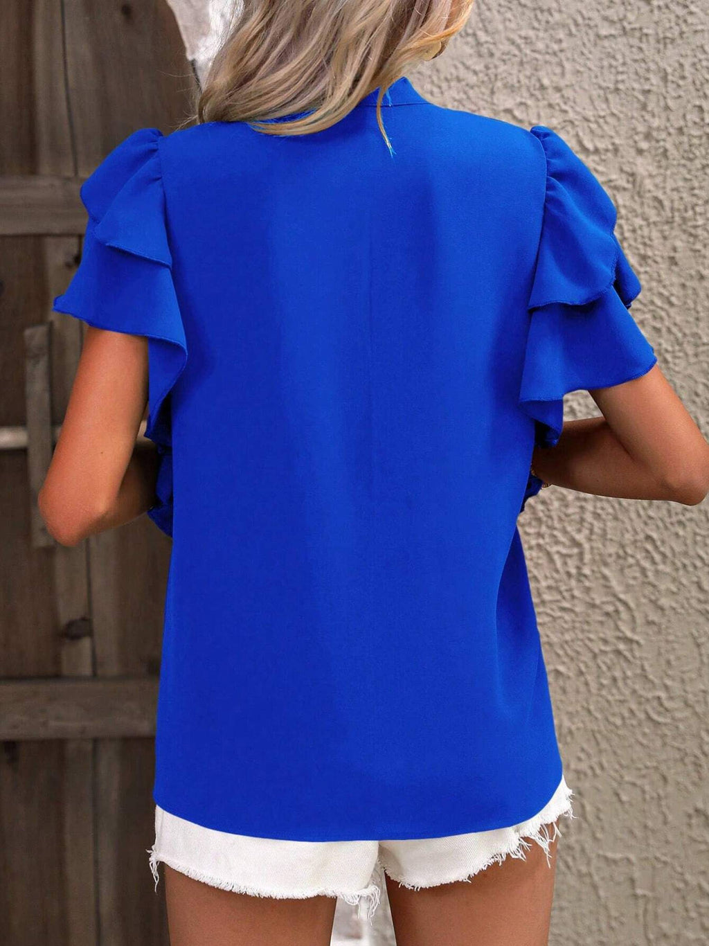 V-neck Casual Double-layer Ruffle Sleeve Solid Color Shirt
