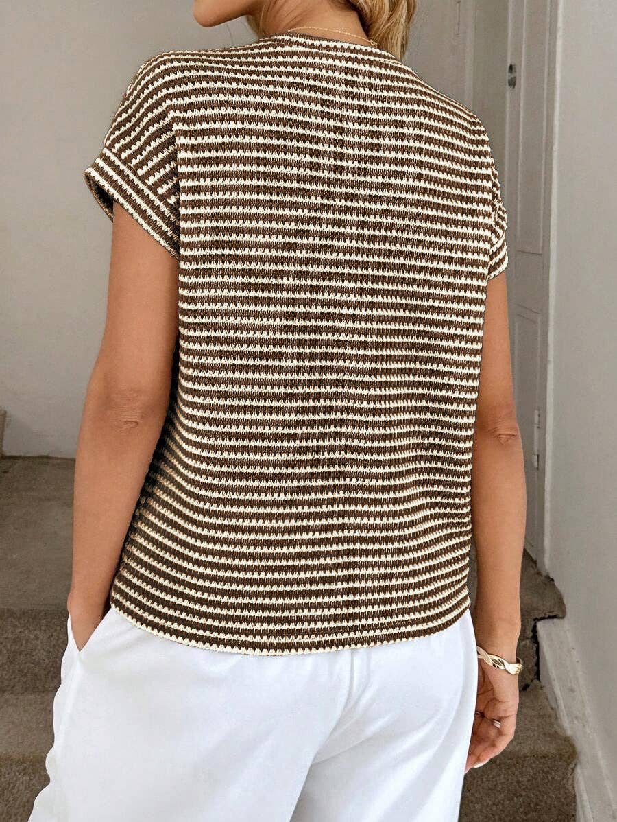 Stripe Knit Crew Neck Short Sleeve Top