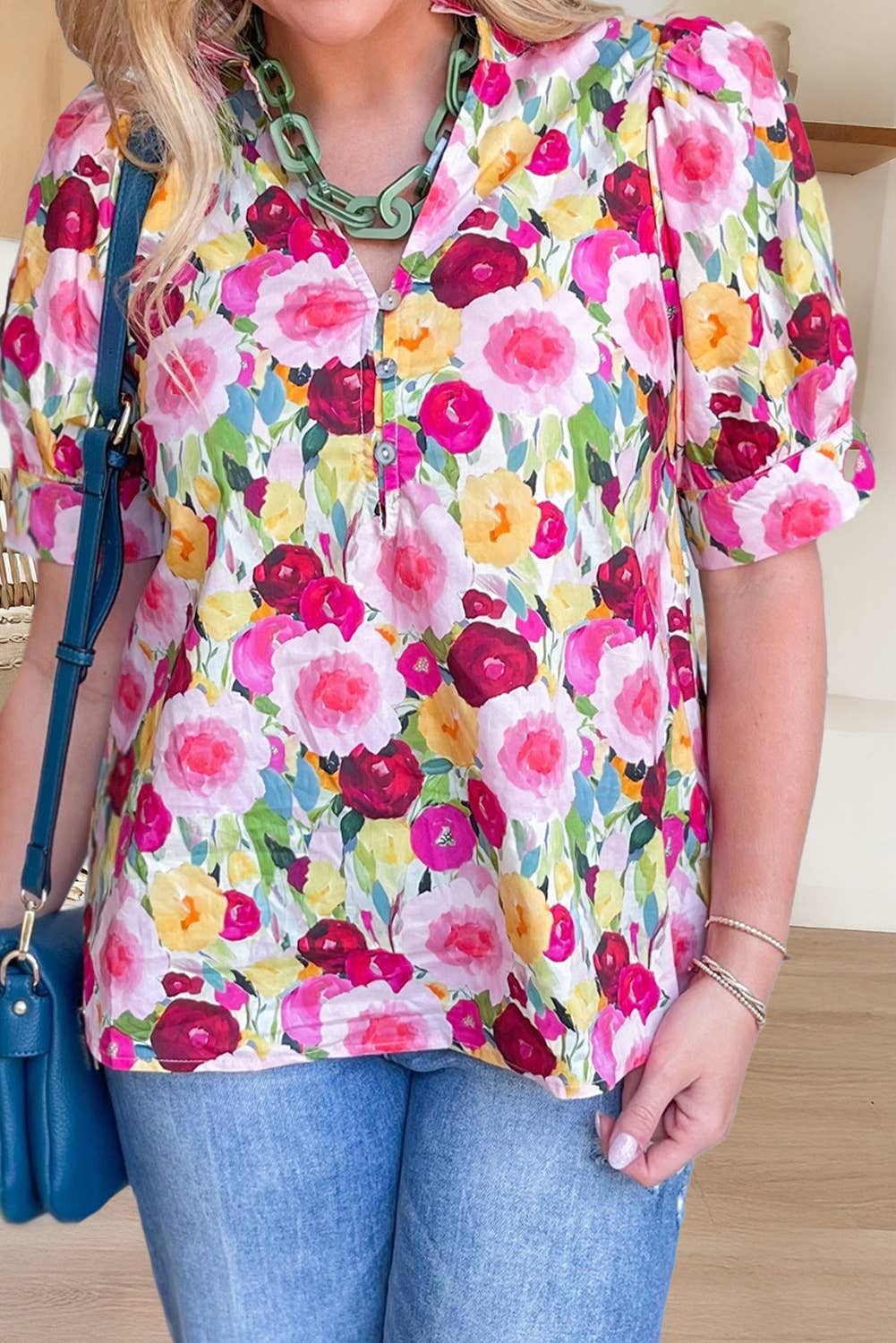 Floral V-Neck Puff Short Sleeve Top