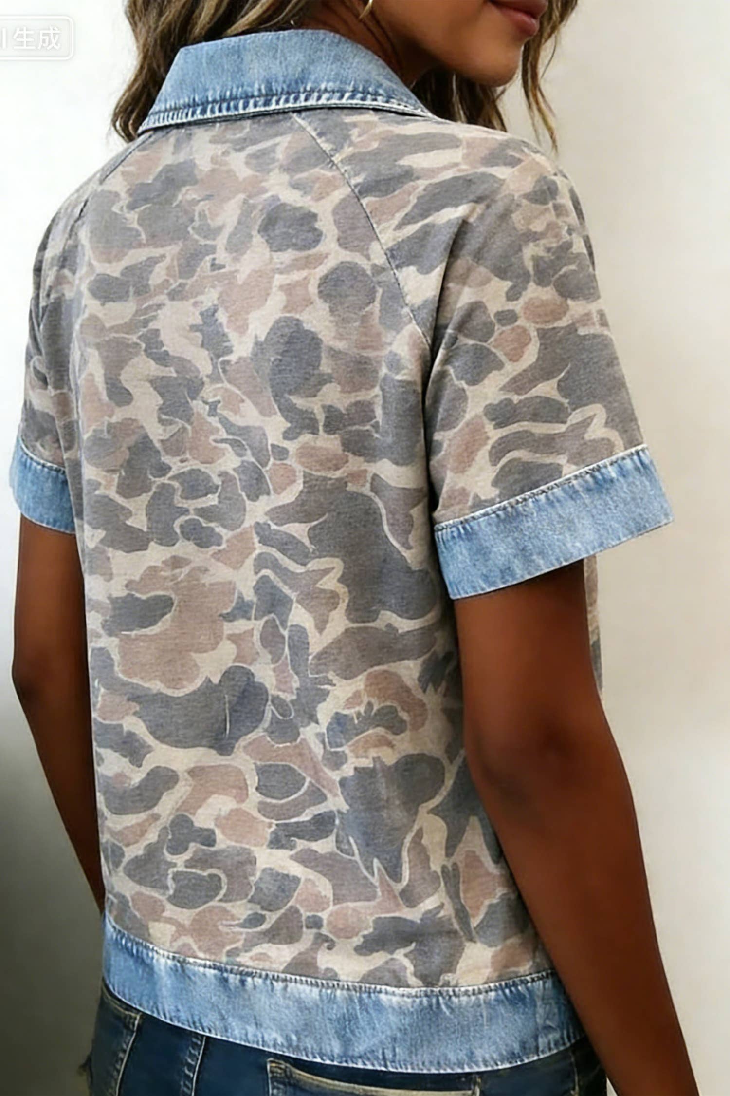 Camouflage Print Denim Patchwork Polo Collar Tee