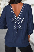 Polka Dot Bowknot Back Textured Ribbed Top