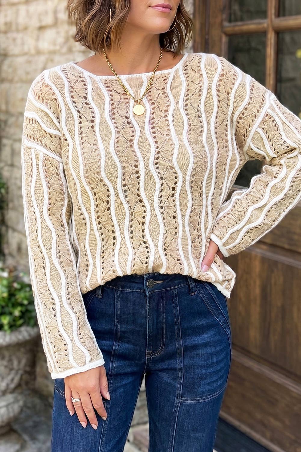 Hollow Out Knit Long Sleeve Cotton Pullover Sweater (S-XL)