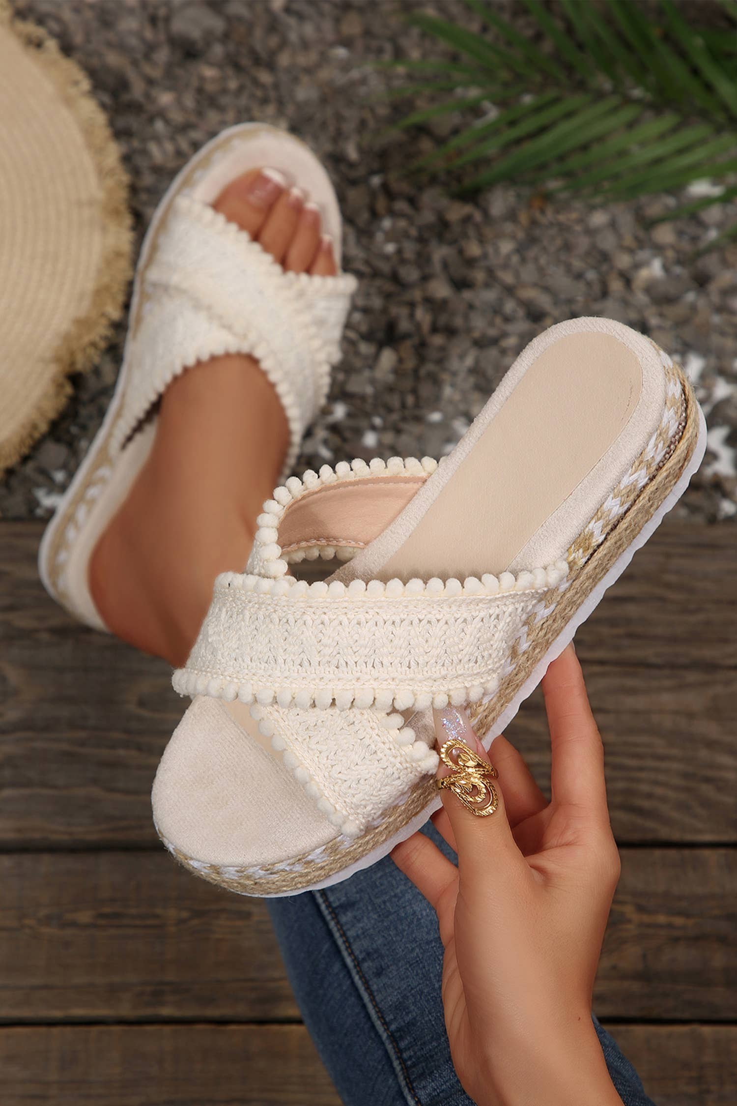 Spring Pompom Knit Platform Slide Sandals