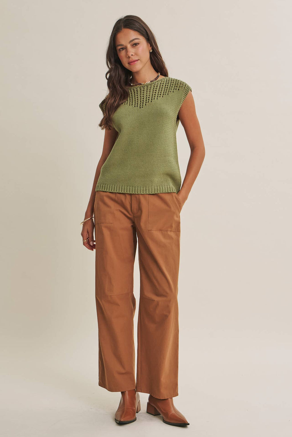 WEEKEND IN TUSCANY TIMELESS OPEN-KNIT FRONT YOKE SWEATER
