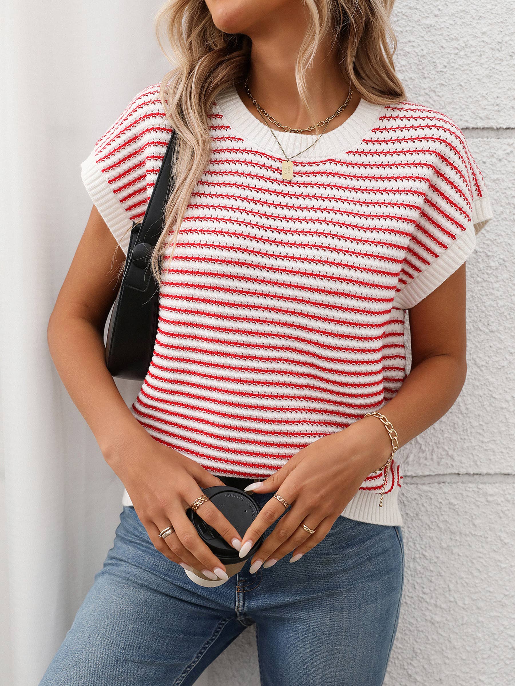 Round Neck Knitted Striped Contrasting Sweater