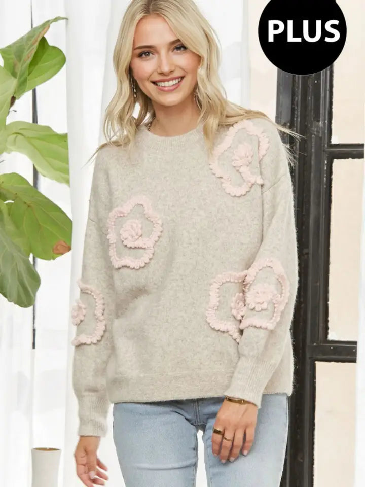 Plus Size 3D Floral Applique Knit Sweater