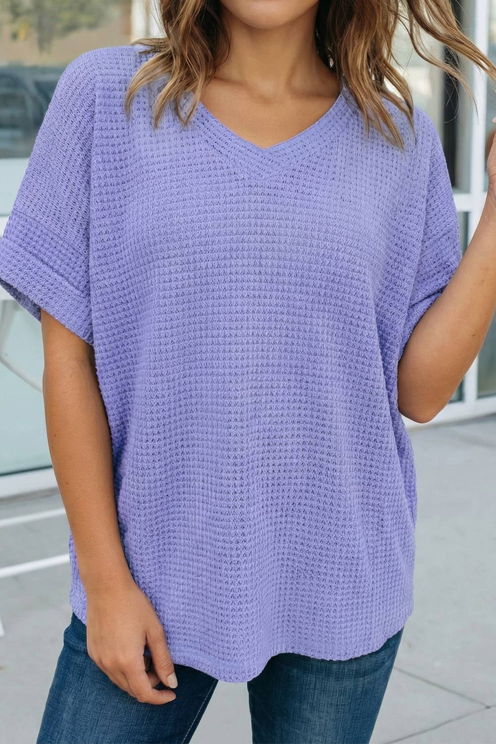 Waffle V-Neck Short Sleeve Knit Top