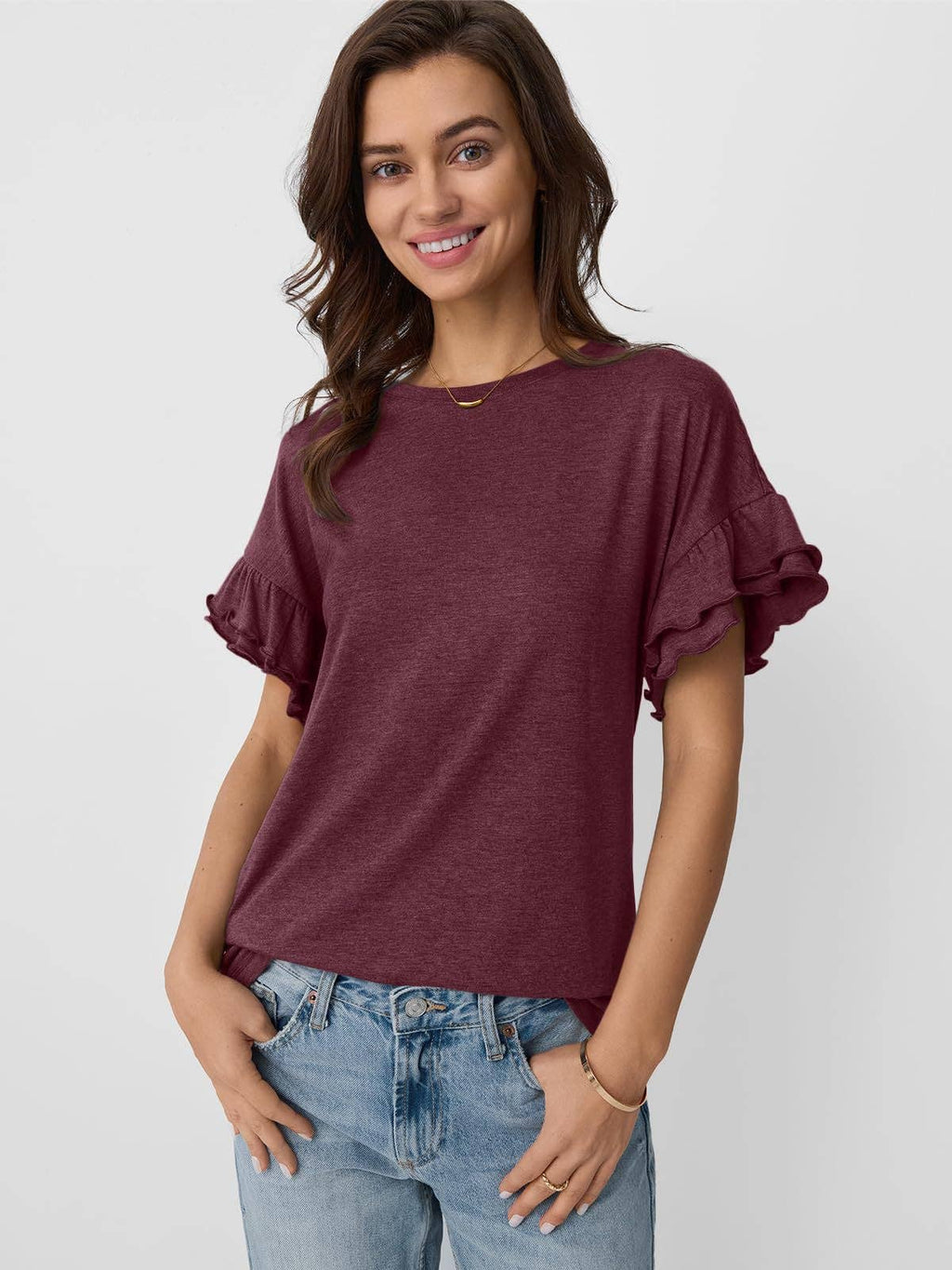 Women's Ruffle Sleeve Crew Neck T-Shirt – Casual Summer Solid Color Top