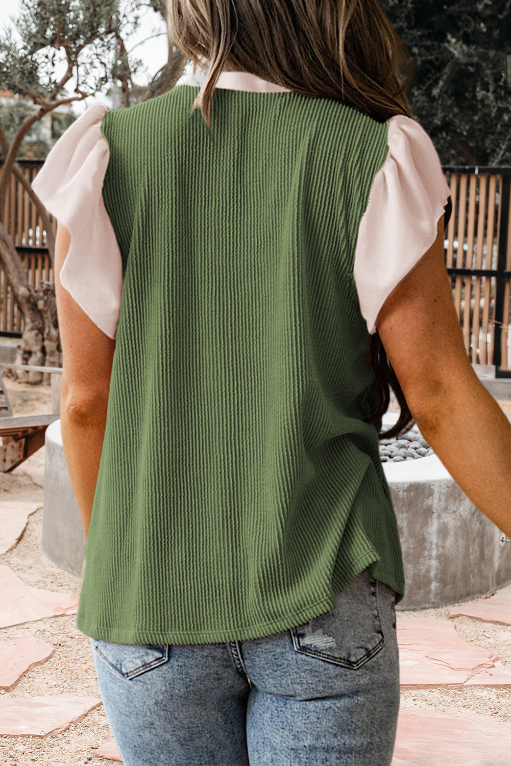 Contrast Frilled Neckline Ribbed Textured Blouse