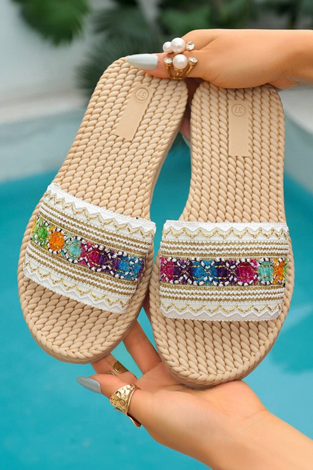 Bohemian Vacation Woven Colorful Detail Wide Band Slippers