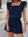 Textured Square Neck Ruffle Top and Shirred Shorts
