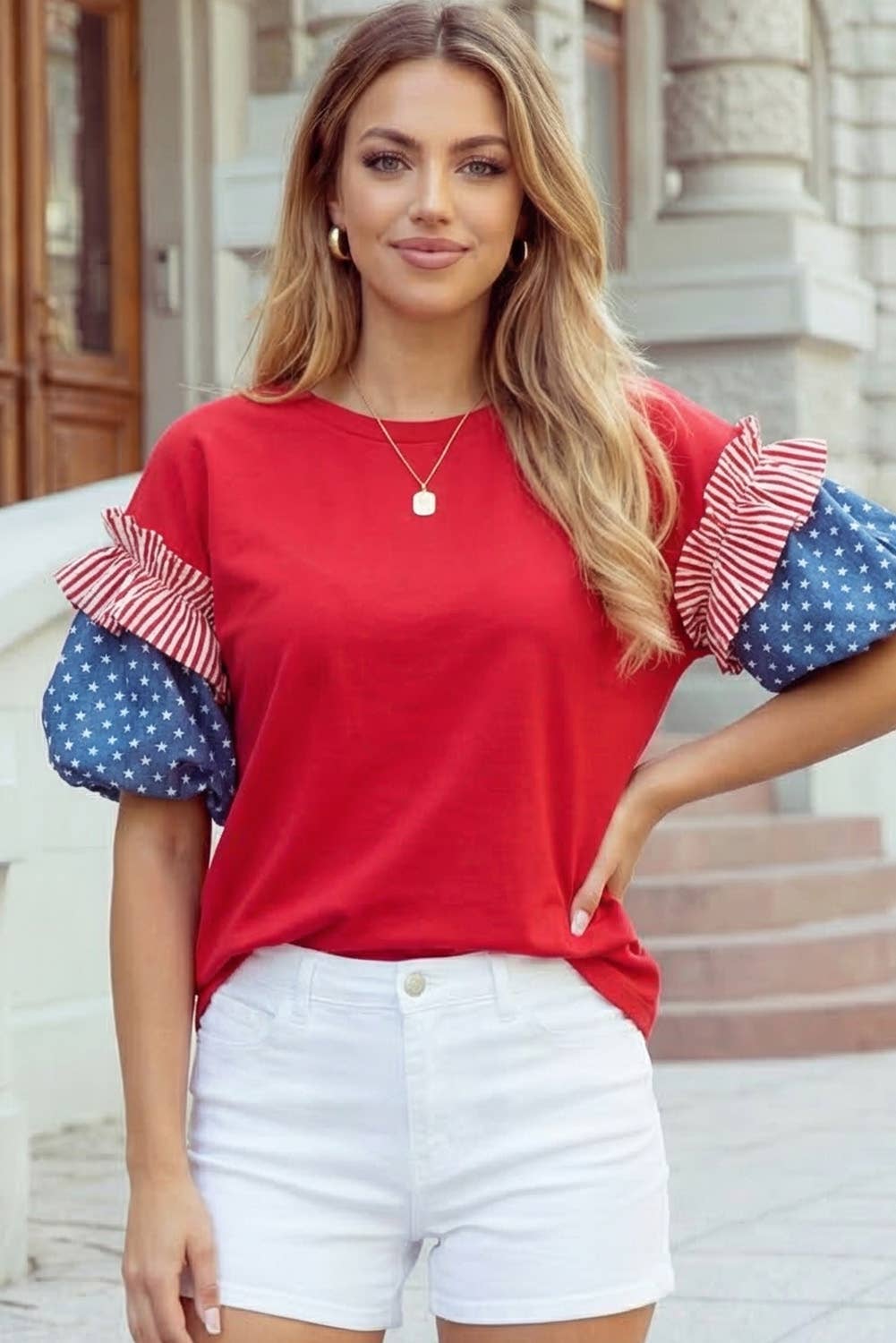 Stars Stripes Short Puff Sleeve Top