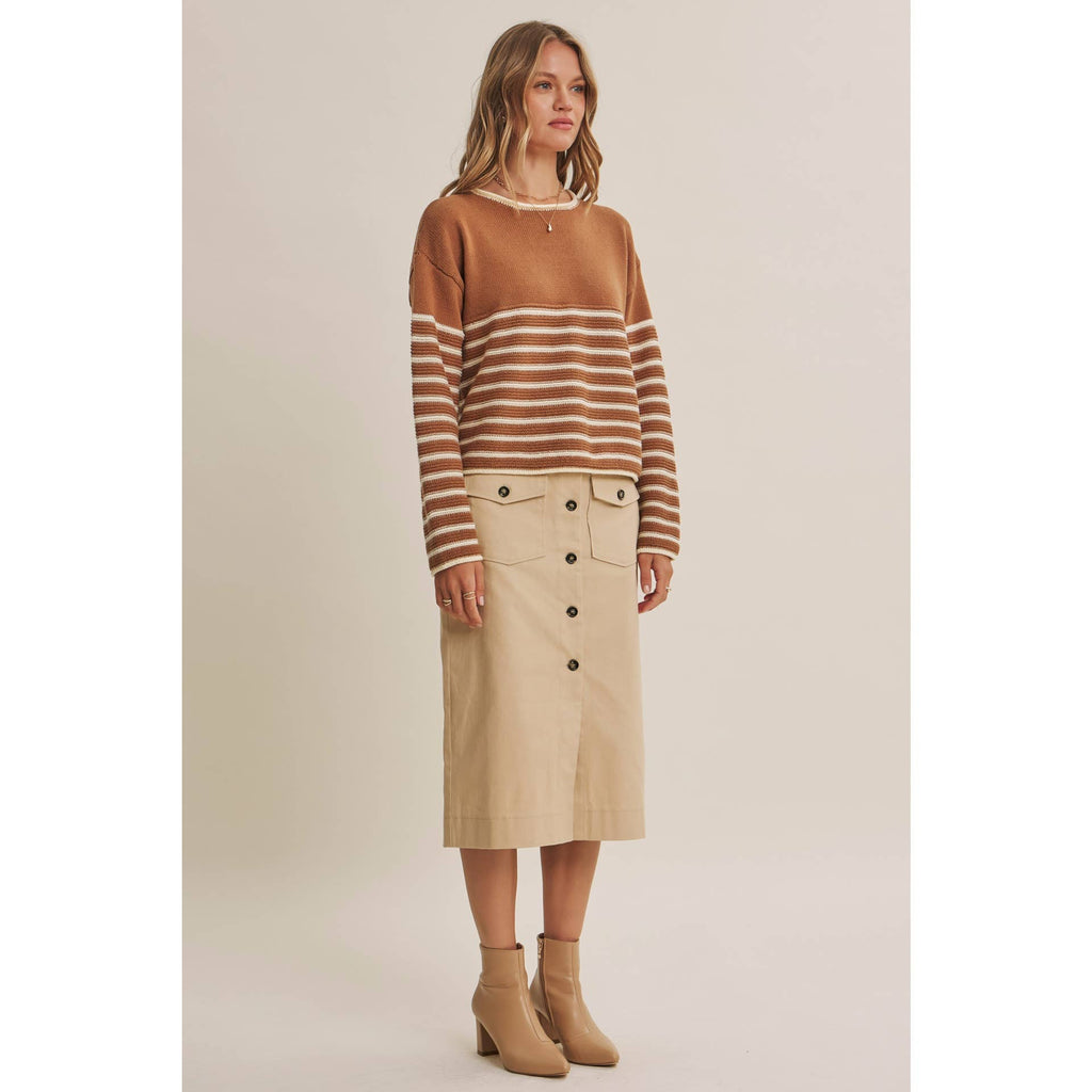 COZY CABIN CONTRAST STRIPE RELAXED SWEATER TOP