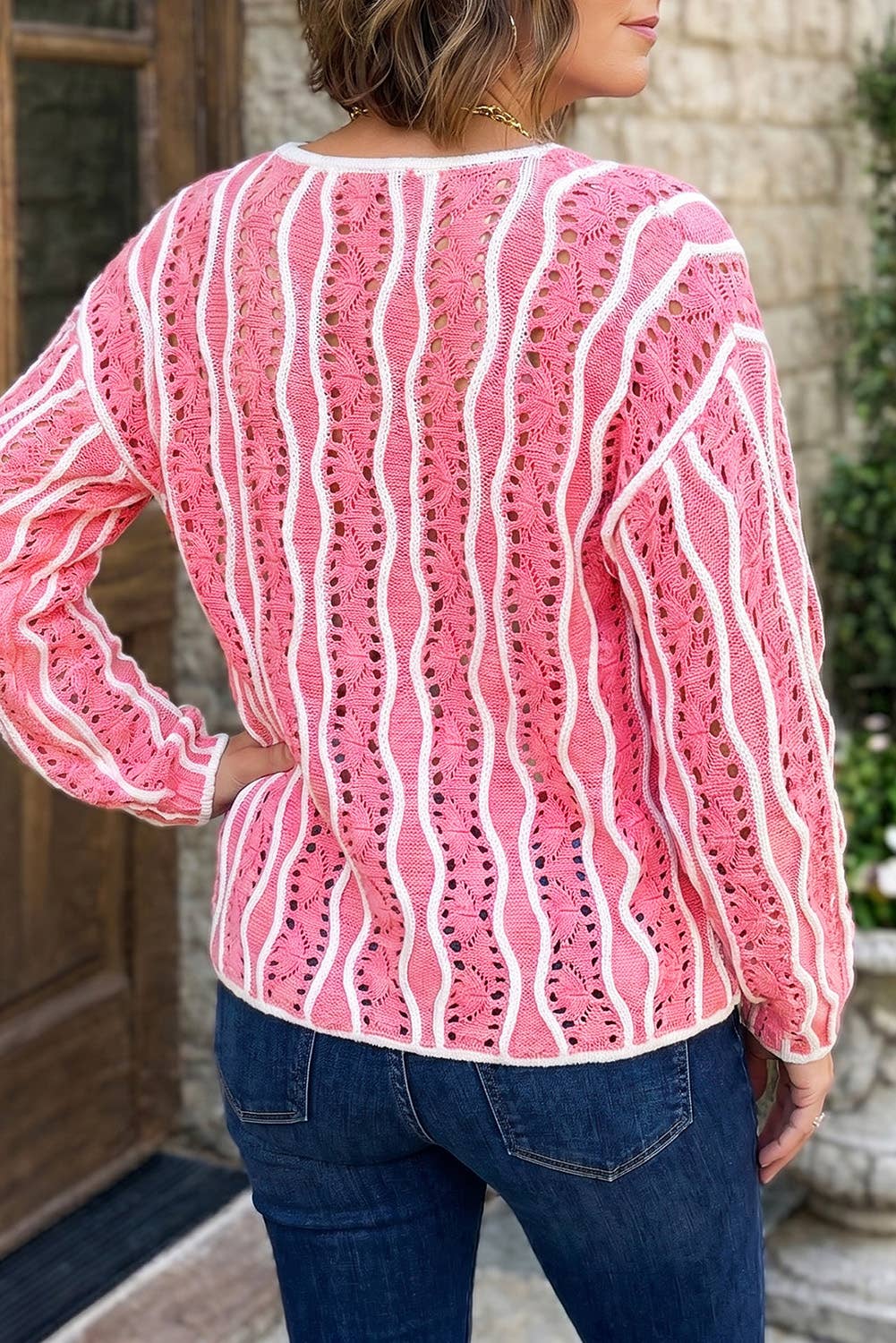 Hollow Out Knit Long Sleeve Cotton Pullover Sweater (S-XL)