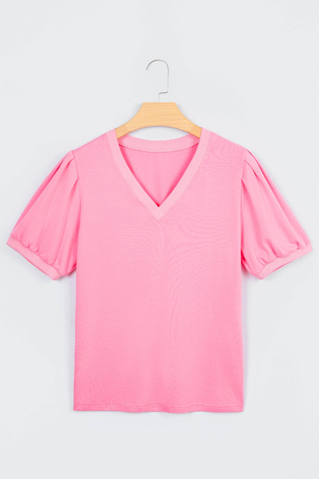 Solid Color V Neck Short Puff Sleeve Blouse