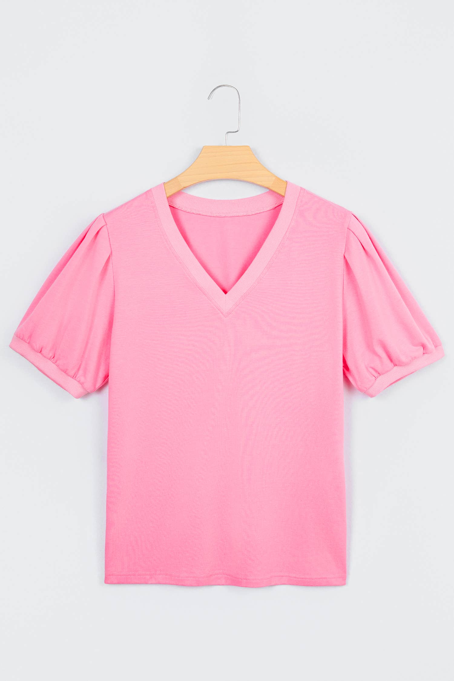 Solid Color V Neck Short Puff Sleeve Blouse
