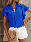V-neck Casual Double-layer Ruffle Sleeve Solid Color Shirt