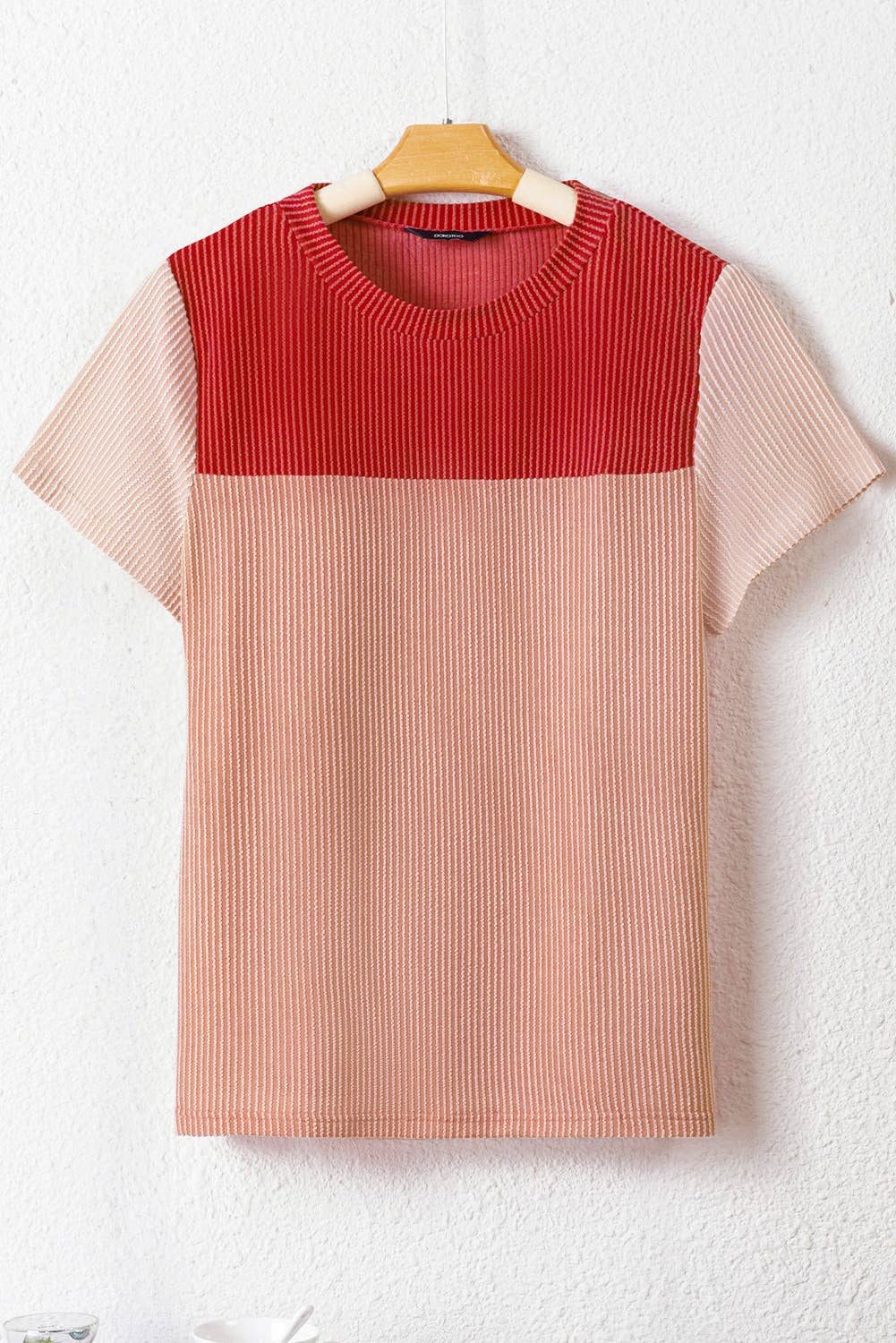 Rib Textured Colorblock Short Sleeve T Shirt (S-XL)