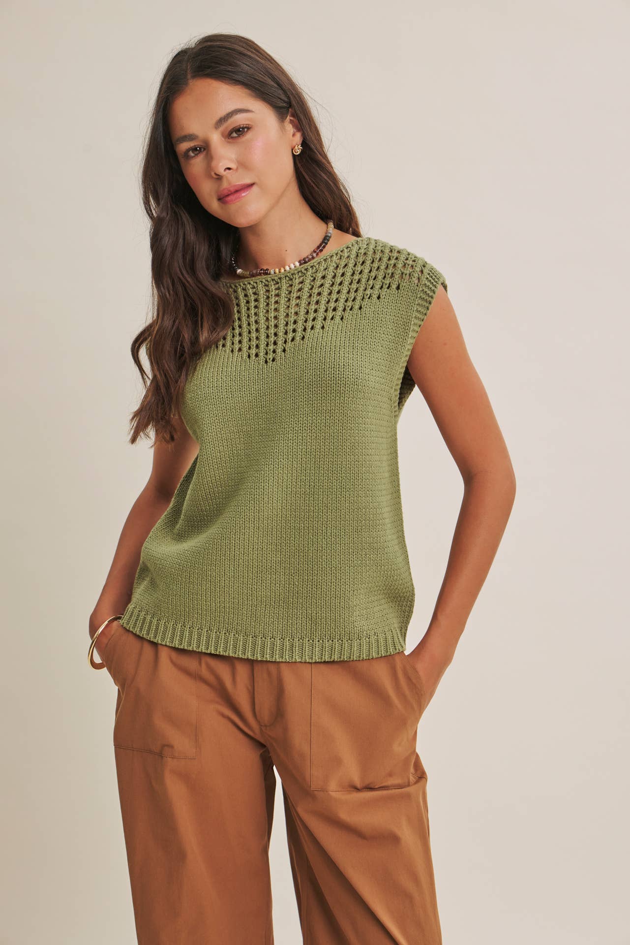 WEEKEND IN TUSCANY TIMELESS OPEN-KNIT FRONT YOKE SWEATER