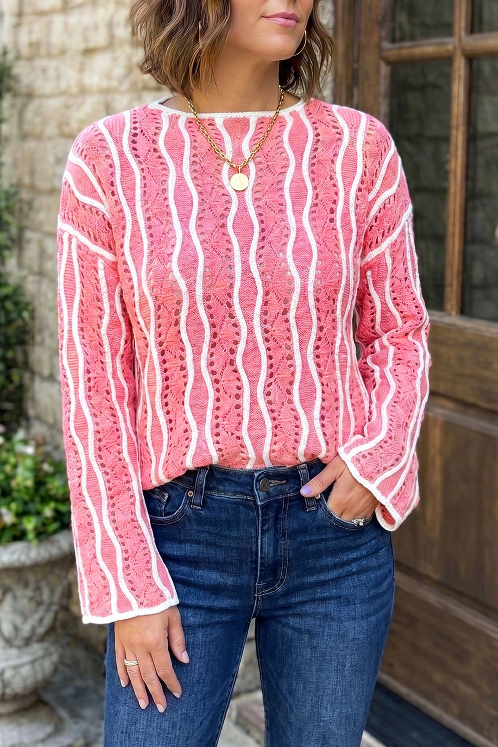 Hollow Out Knit Long Sleeve Cotton Pullover Sweater (S-XL)
