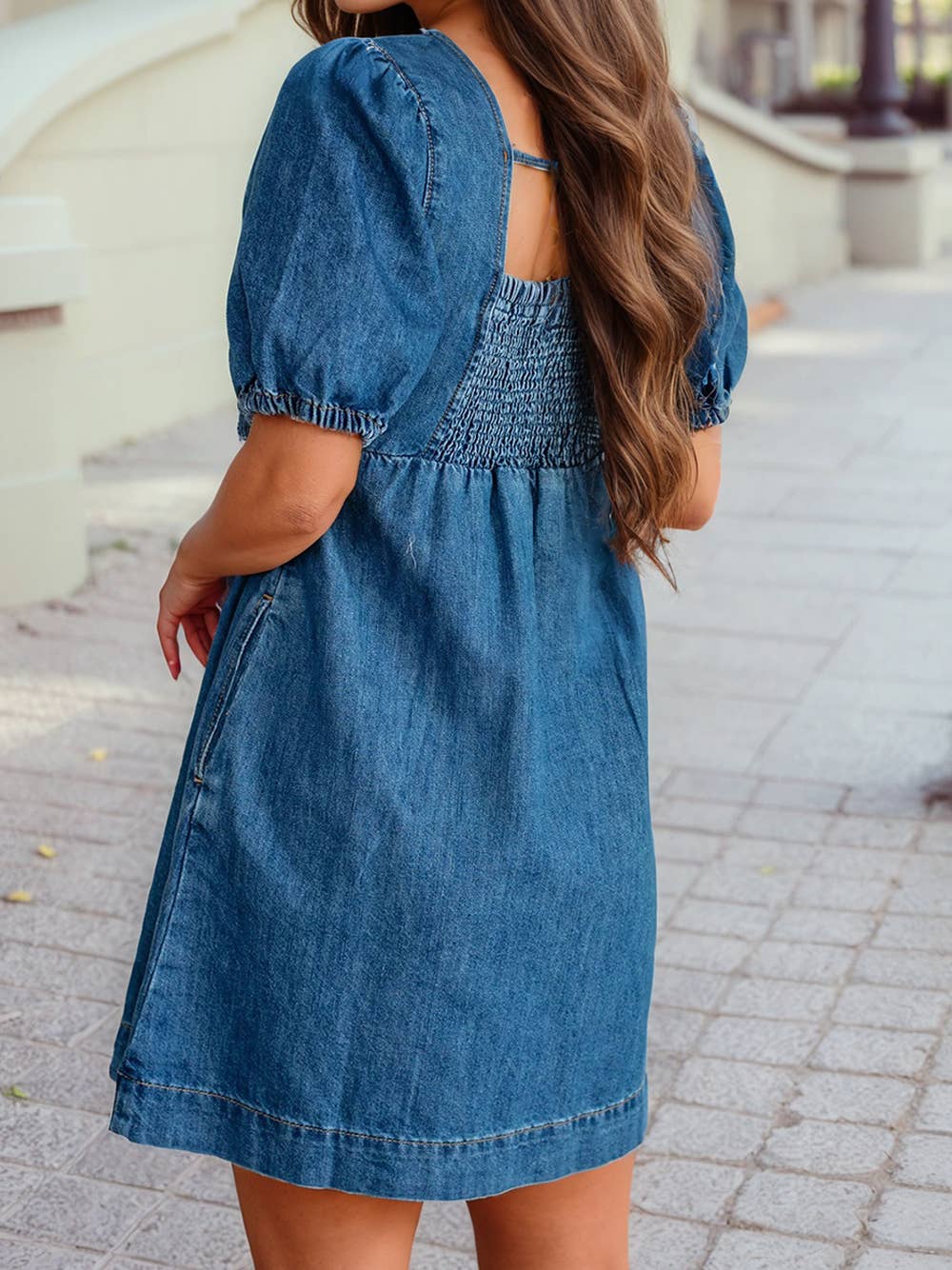 Denim Button Square Neck Mini Dress