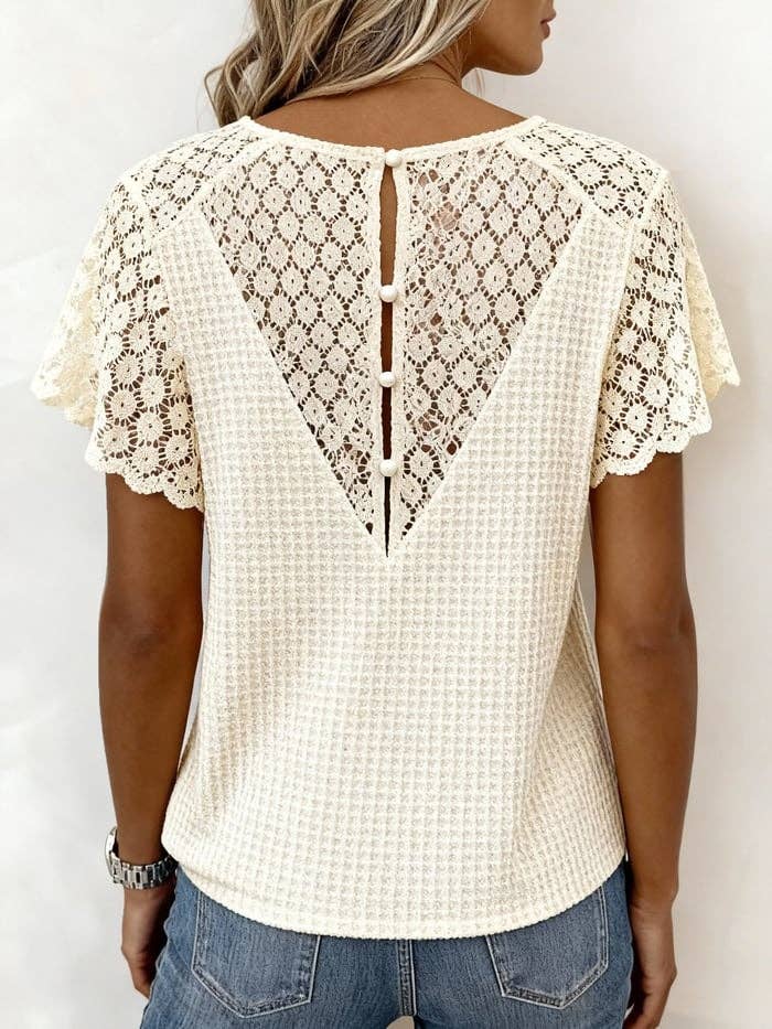 Textured V Neck Knit Floral Lace Top