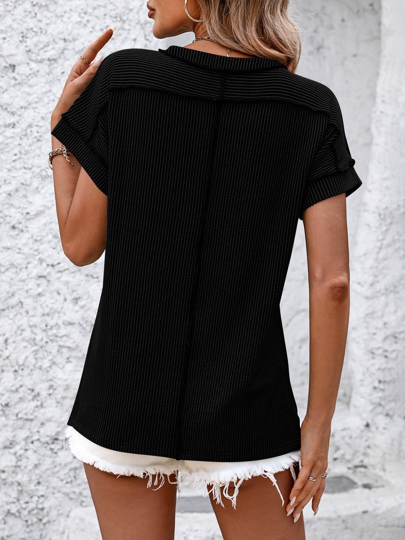 Women Textured Stripe Crew Neck Short Sleeve Loose Tee
