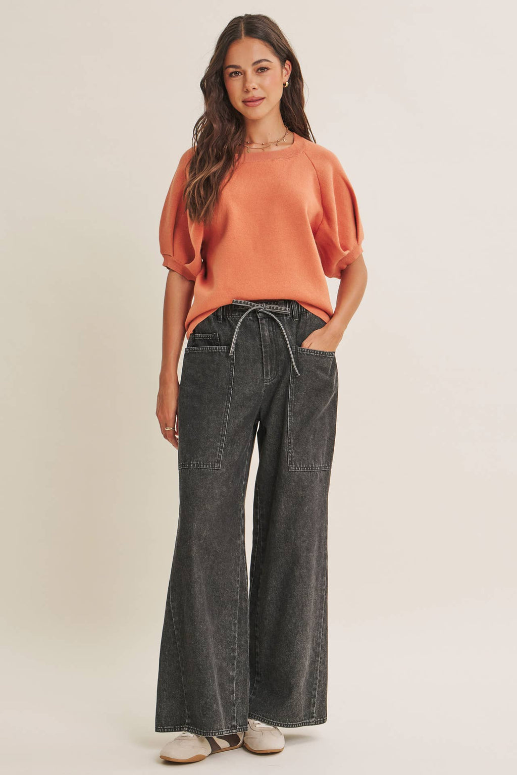 EASY VOLUME MOVEMENT BREATHABLE COTTON SWEATER WITH PUFF SLV
