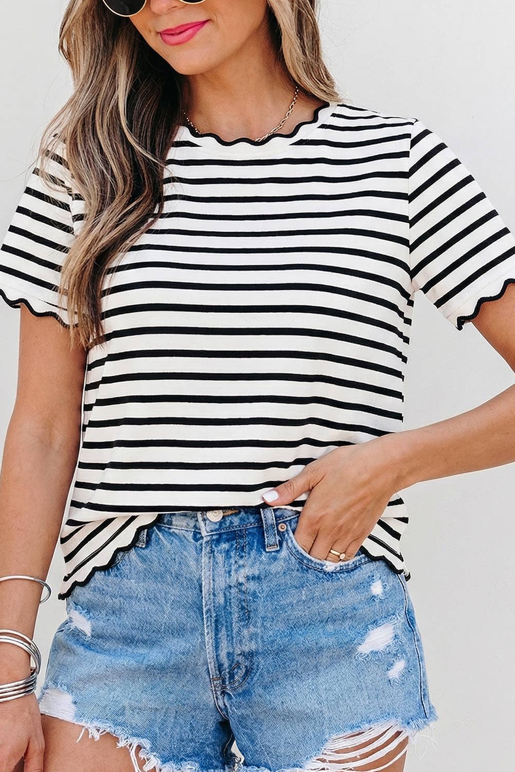 Stripe Scalloped Trim Round Neck T Shirt | S-XL Plus 1X-4X