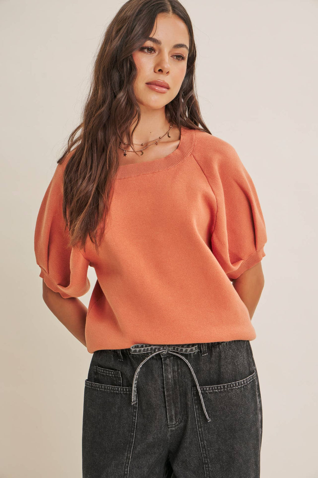 EASY VOLUME MOVEMENT BREATHABLE COTTON SWEATER WITH PUFF SLV