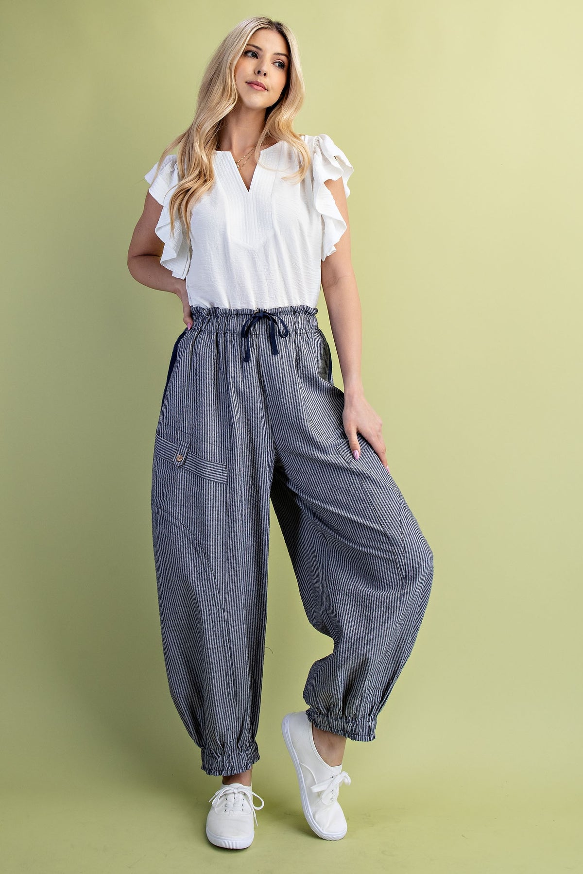 Striped Gathered Ankle Parachute Pants