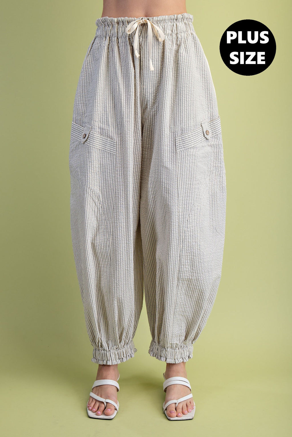 Plus Size Striped Gathered Ankle Parachute Pants
