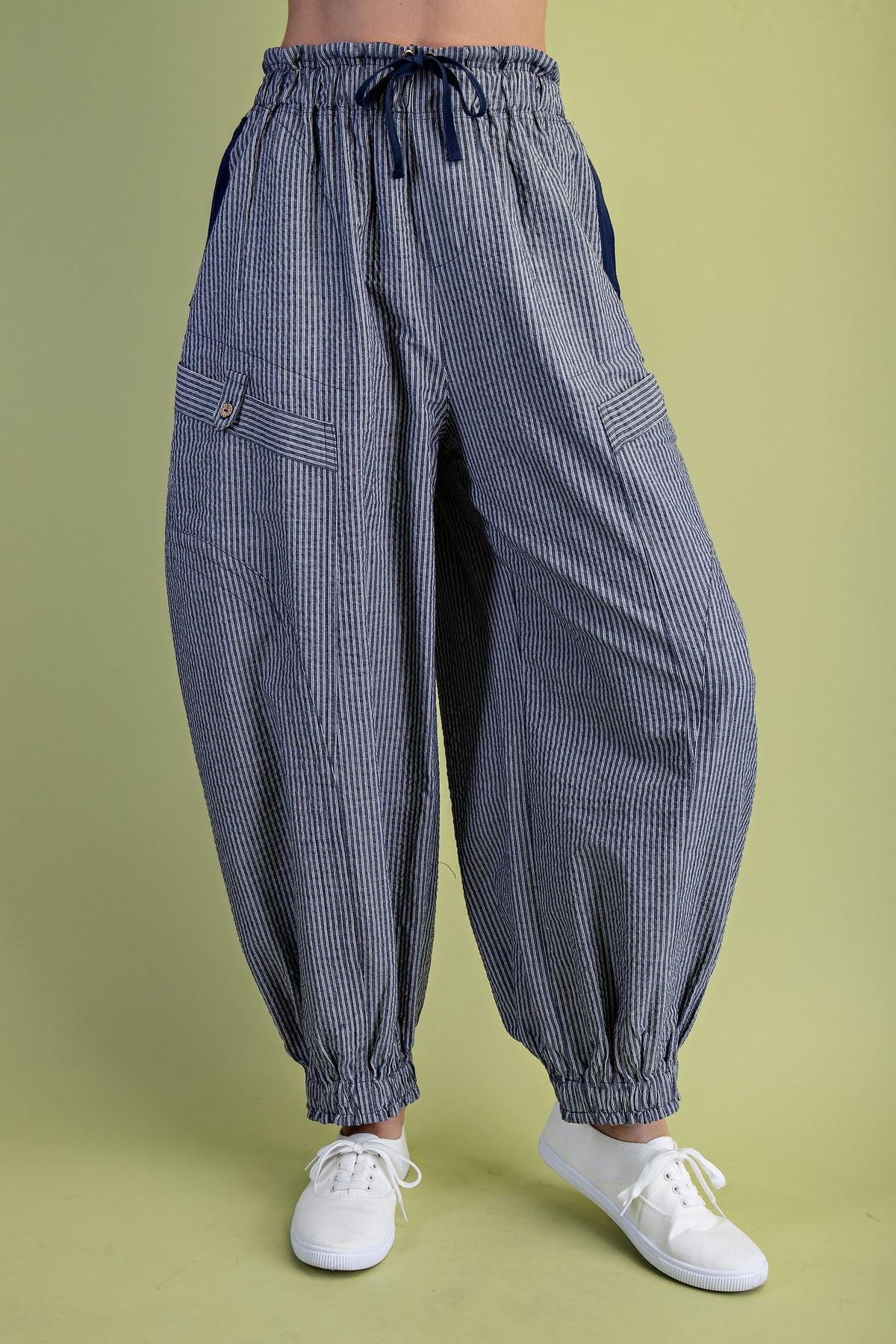 Striped Gathered Ankle Parachute Pants
