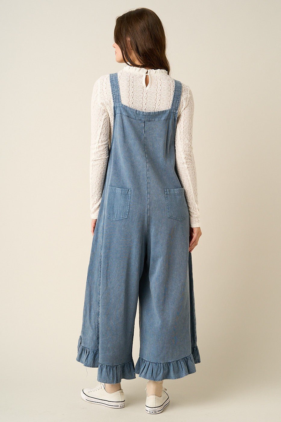 Mineral Washed Ruffle Hem Overall Jumpsuit