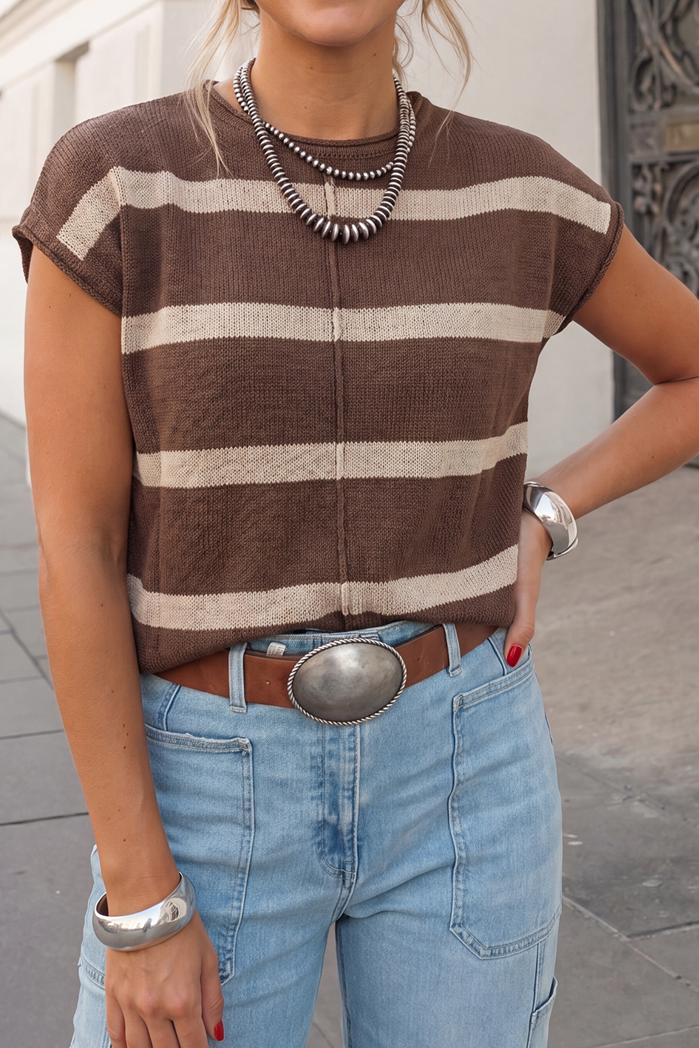 Striped Print Crew Neck Cap Sleeve Sweater Top FW26 | S-XL
