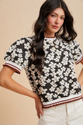 Flower Embossing Puff Sleeve Knit Top