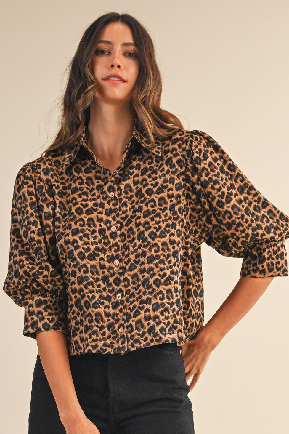 Leopard Print Satin 3/4 Volume Sleeve Blouse