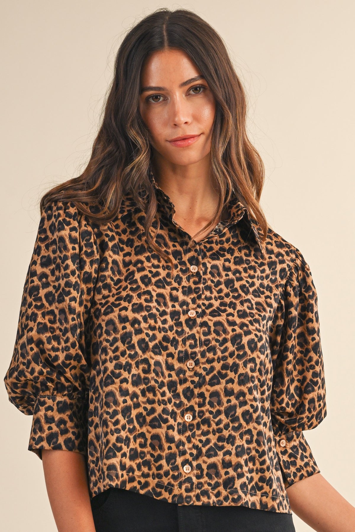 Leopard Print Satin 3/4 Volume Sleeve Blouse