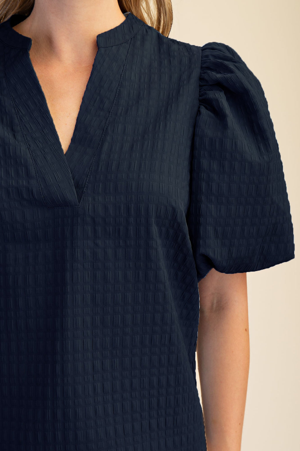 Puff Sleeve Top With V-neck In Textured Fabric
