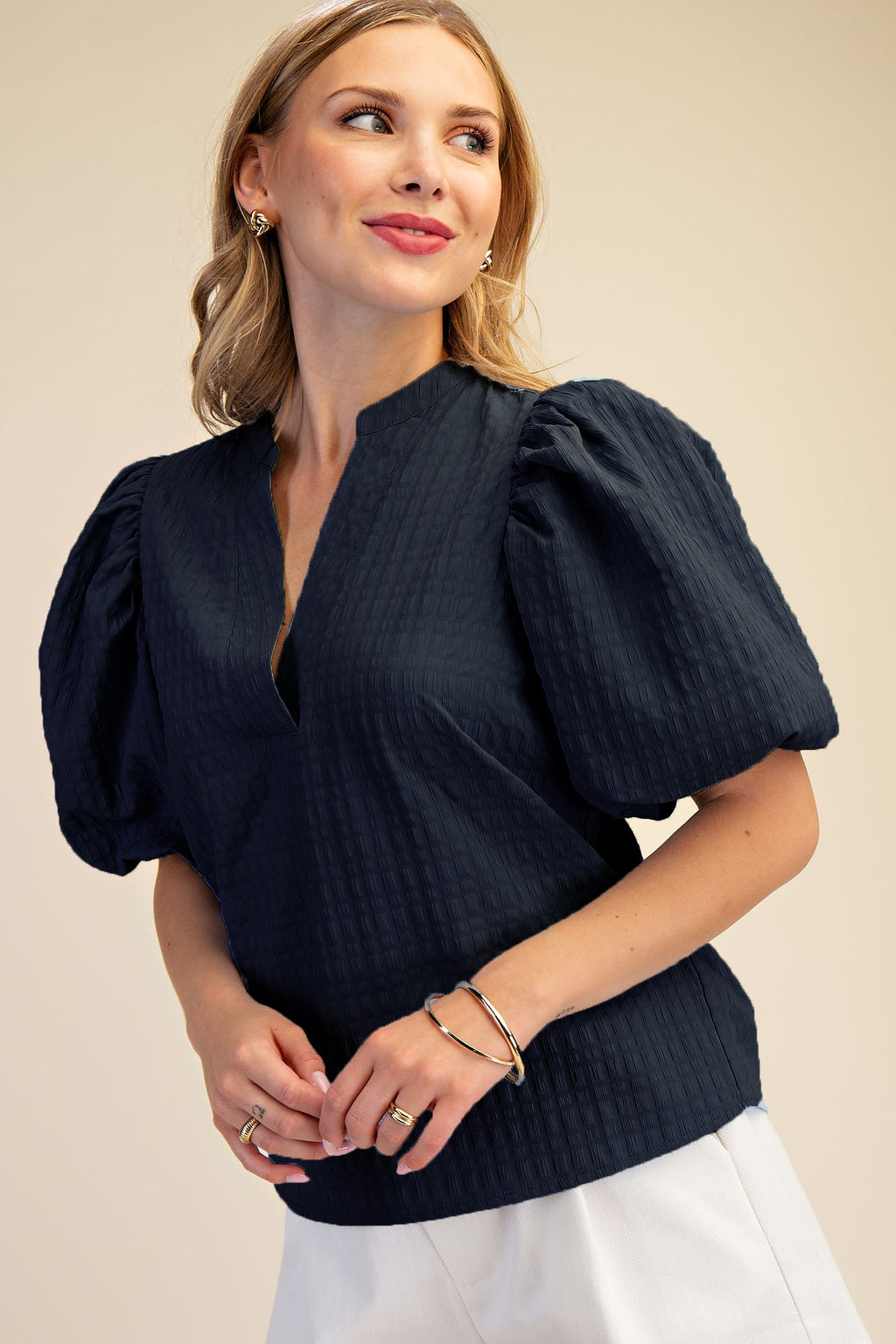 Puff Sleeve Top With V-neck In Textured Fabric