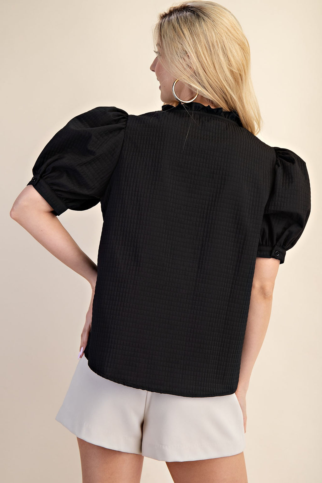 Puff Sleeve Ruffle V-neck Textured Top