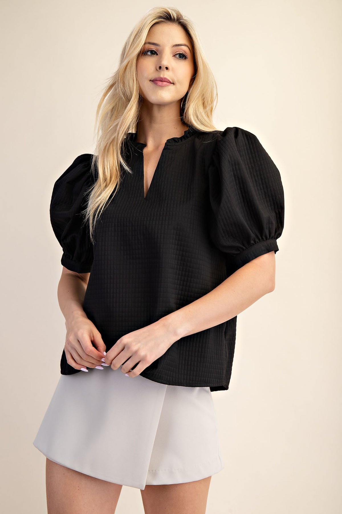 Puff Sleeve Ruffle V-neck Textured Top
