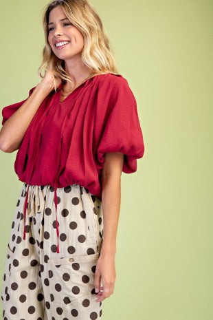 Short Sleeve Balloon Pleated Crop Top